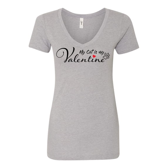 Women's My Cat is My Valentine Next Level Ladies V Neck Short Sleeve T-shirt-Heather Grey-medium
