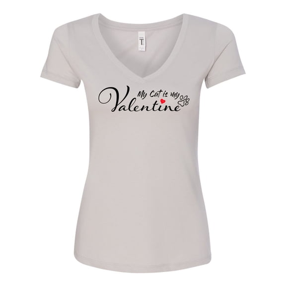 Women's My Cat is My Valentine Next Level Ladies V Neck Short Sleeve T-shirt-Silver-medium