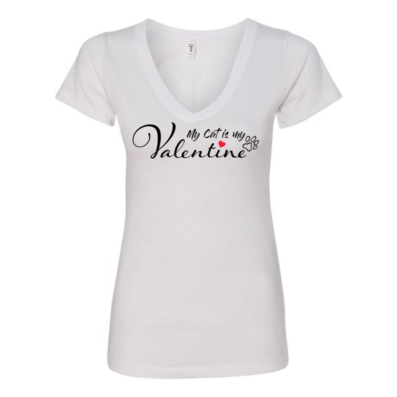 Women's My Cat is My Valentine Next Level Ladies V Neck Short Sleeve T-shirt-White-medium