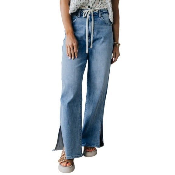 Women's Myosotis Blue High Rise Drawstring Casual Jeans with Slit Leg - [ZhiHiMeRi] | 12