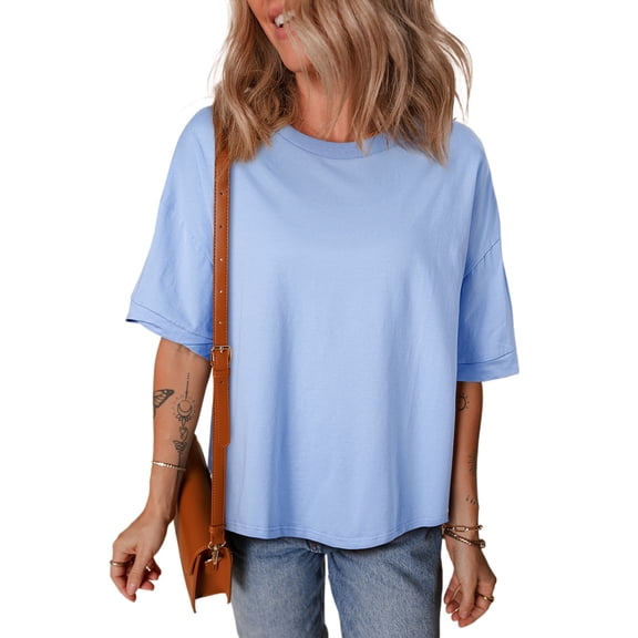 Women's Myosotis Blue Loose Half Sleeve Hi Low Hem T-Shirt - [ZhiHiMeRi] | (US 12-14)L