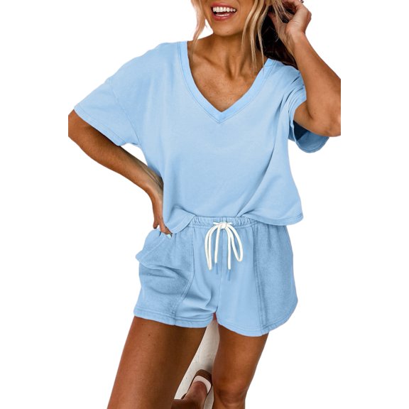 Women's Myosotis V Neck Drop Shoulder Tee and Patchwork Drawstring Shorts Set | [ZhiHiMeRi] | (US 16-18)XL