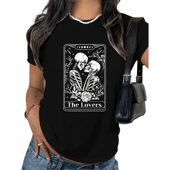 Women's The Lovers Tarot Graphic Cotton T Shirt Casual Breathable Short Sleeve Round Neck Top Black S-5XL