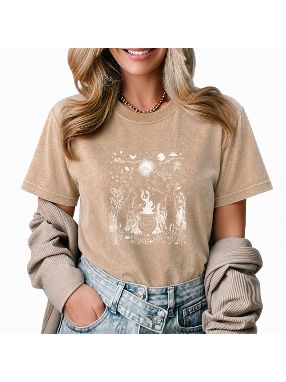 Women's Mystical Celestial Graphic Tee Vintage Washed Short Sleeve Top