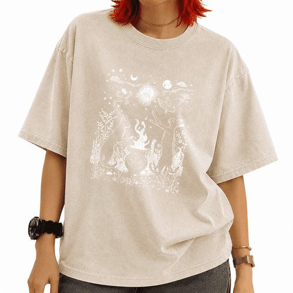 Women's Mystical Celestial Graphic Tee Vintage Washed Short Sleeve Top