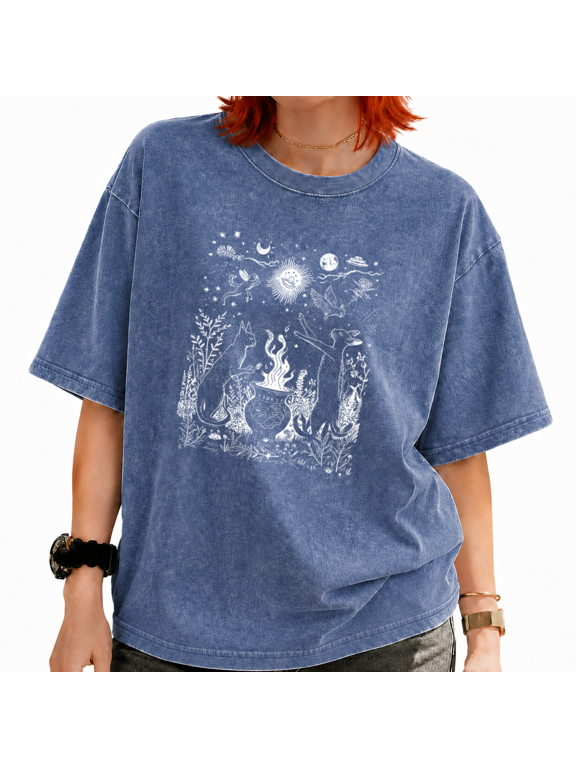 Women's Mystical Celestial Graphic Tee Vintage Washed Short Sleeve Top