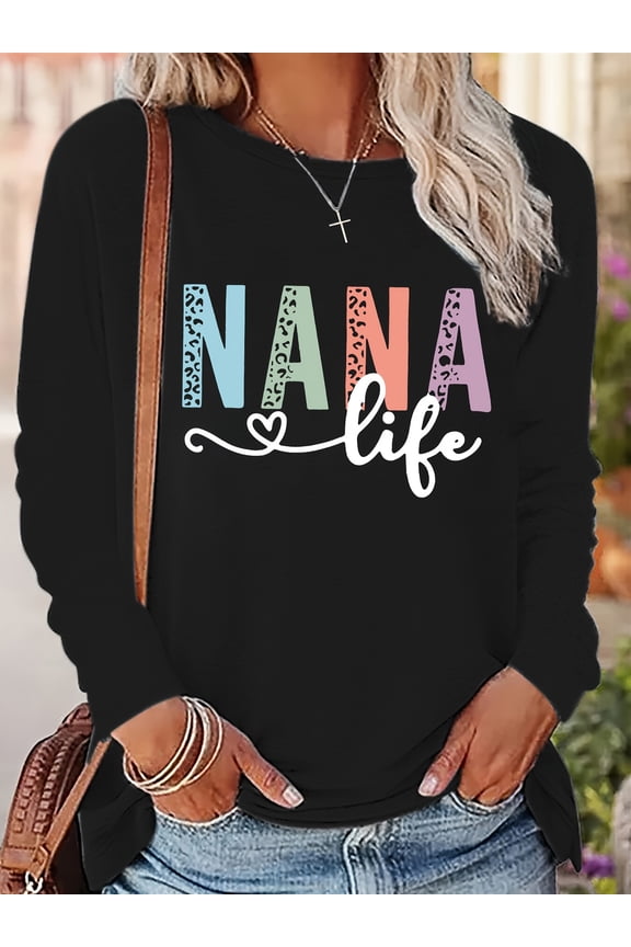 Women's  NANA Graphic Long Sleeve T-Shirt - 100 COTTON, Machine Washable Round Neck Casual Top with Geometric Letter Design for Fall Winter