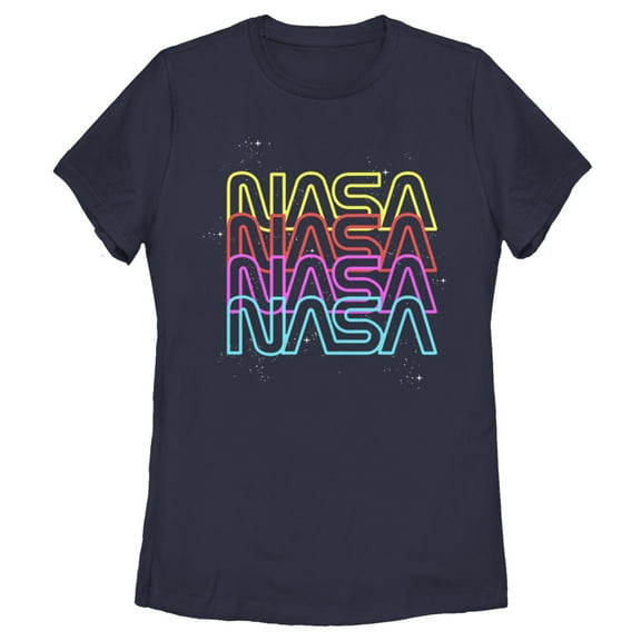 Women's NASA Neon Rainbow Repeat Text Logo  Graphic Tee Navy Blue Large