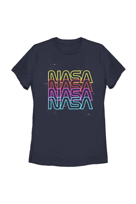Women's NASA Neon Rainbow Repeat Text Logo  Graphic Tee Navy Blue Large
