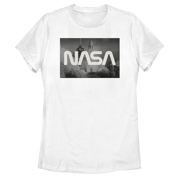Women's NASA Space Shuttle Blast Off Text Over Lay Graphic Tee White Medium