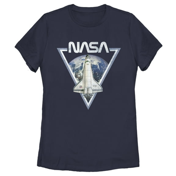 Women's NASA Triangle Earth Logo Shuttle Flight  Graphic Tee Navy Blue Medium