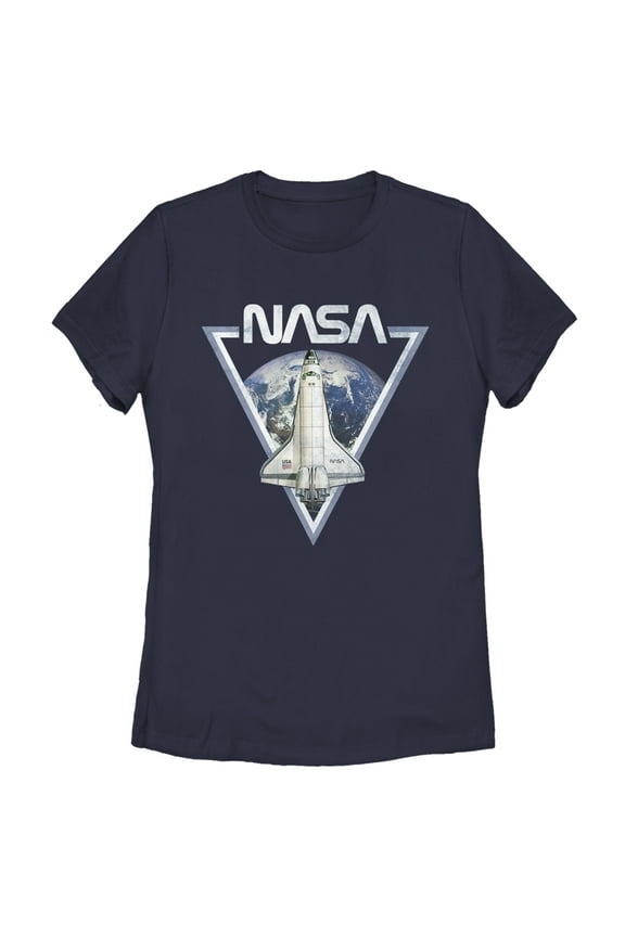 Women's NASA Triangle Earth Logo Shuttle Flight  Graphic Tee Navy Blue Medium