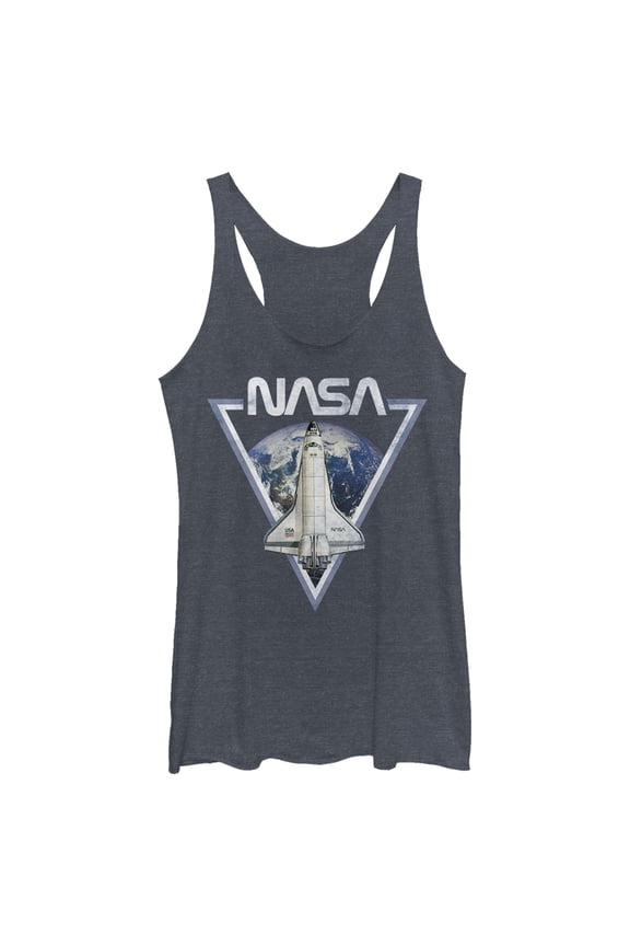 Women's NASA Triangle Earth Logo Shuttle Flight Racerback Tank Top Navy Blue Heather X Small