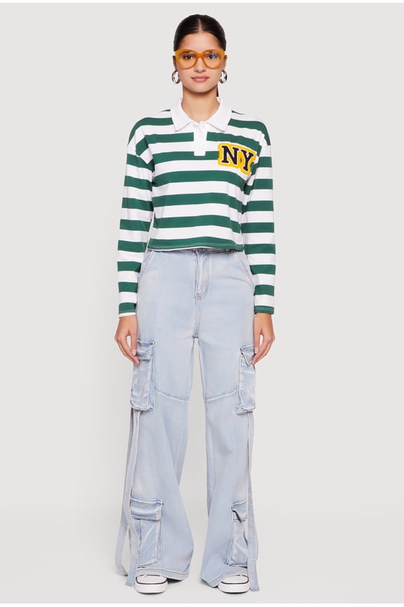 Women's NY Embroidered Striped Cropped Long Sleeve Polo Top