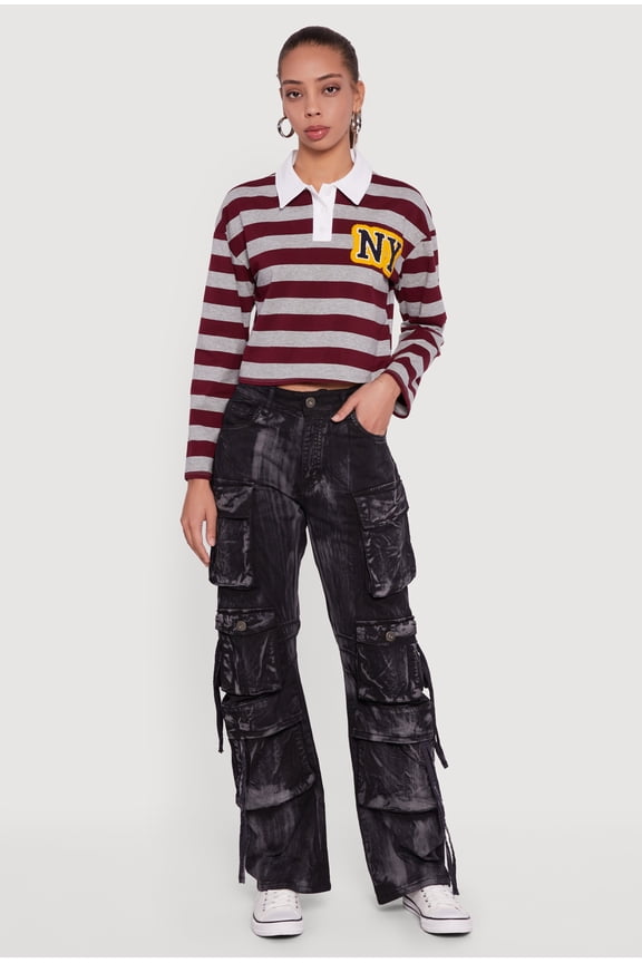 Women's NY Embroidered Striped Cropped Long Sleeve Polo Top
