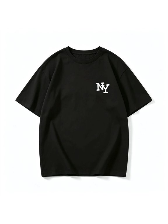 Women's NY Letter Graphic T‑Shirt Black Crew Neck Short Sleeve Oversized Casual Top