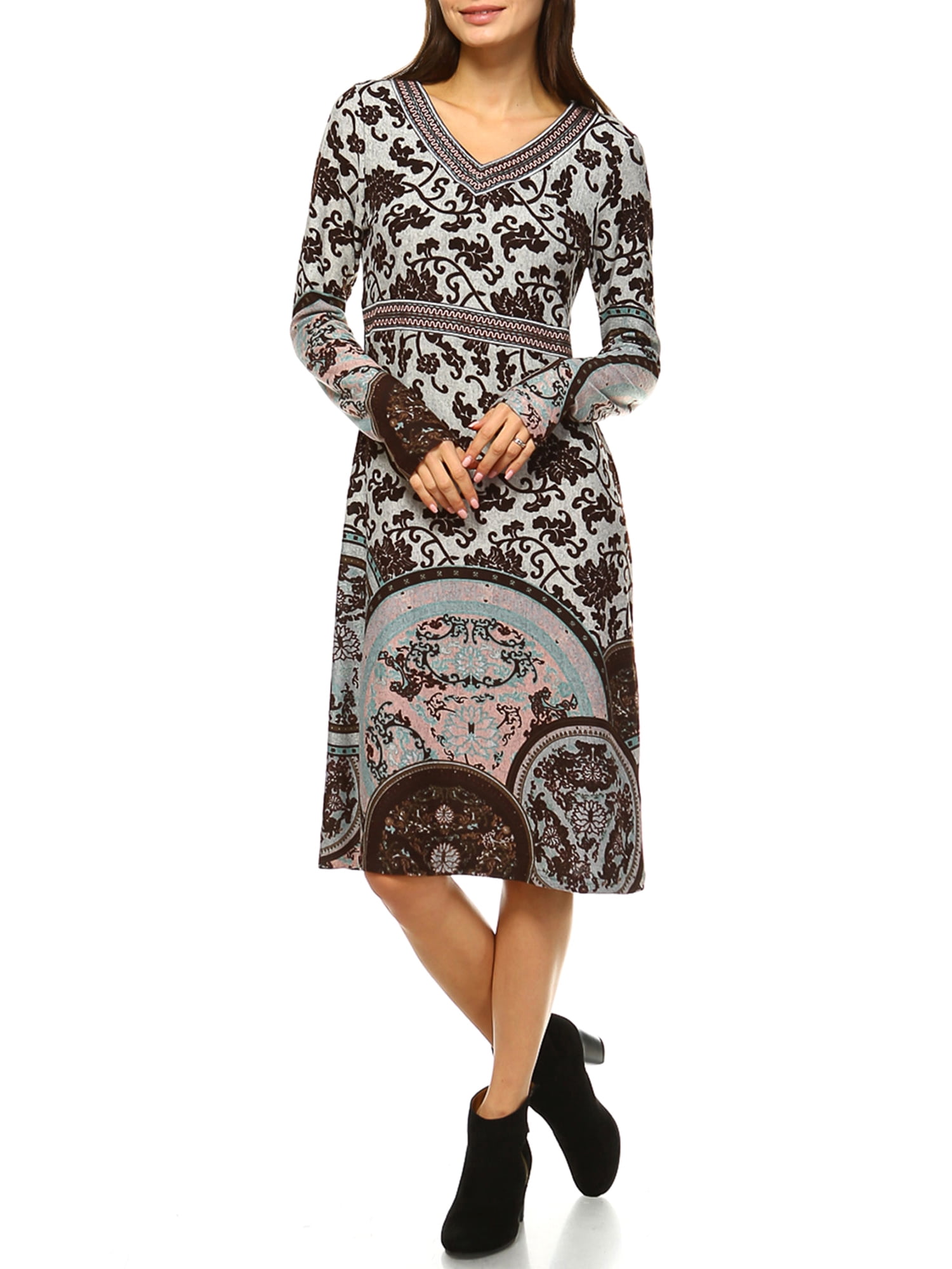 White Mark Women's Naarah Embroidered Sweater Dress, Brown, XL