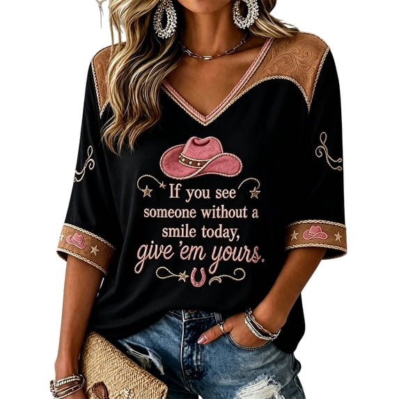 Women's Nashville Western T-shirt Graphic Dolly T-shirts Short Sleeve V Neck T-shirts for Vintage Country Music Tribute,(S)