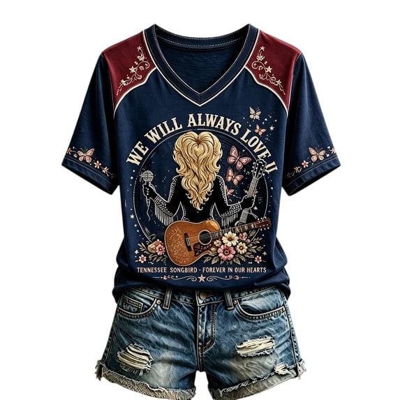 Women's Nashville Western T-shirt Graphic Dolly Western T-shirt Short Sleeve V Neck Tops for Vintage Country Music Tribute,(XXL)