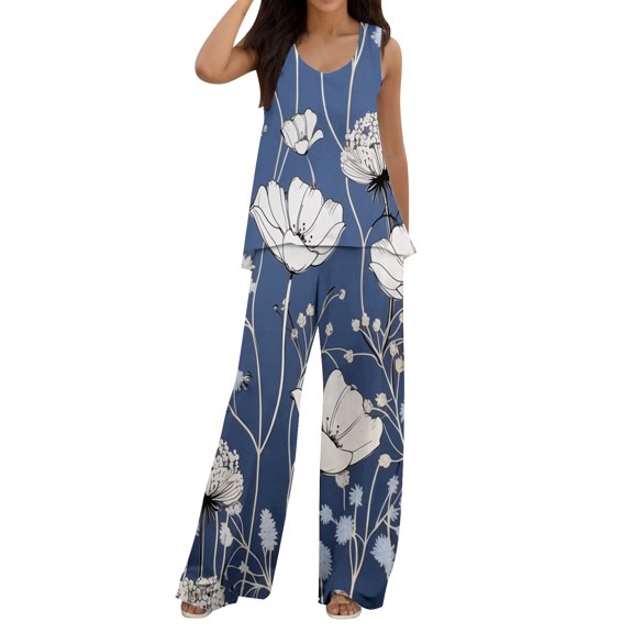 Women's Natural Cool Toned Floral Print Sleeveless Jumpsuit With Leaf Pattern