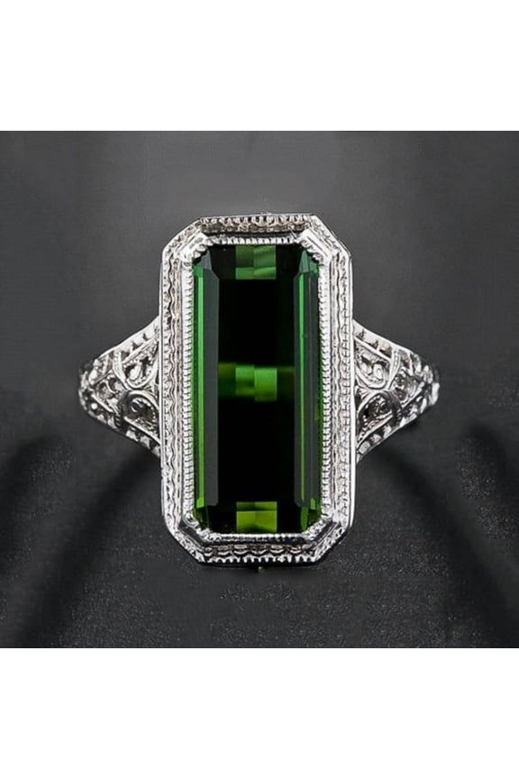 Women's Natural Emerald Large Rectangular Inlaid Zircon Ring