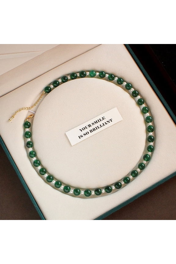 Women's Natural Green Agate Necklace Freshwater Pearl Necklace Accessories Simple Beaded Necklace
