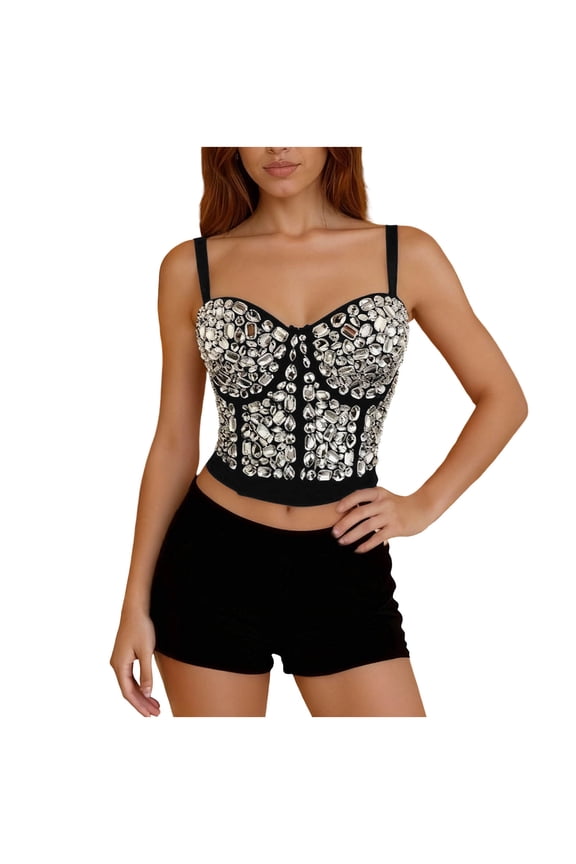 Women's Natural Reigning Lace Rhinestone Bustier Crop Top Sexy Mesh Corset Top Bra