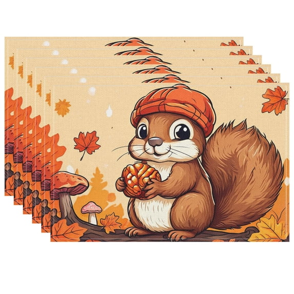 Fall Squirrel Fade-Resistant Placemat Cute Autumn Leaves Non-Slip Place Mats Set Of 6 17.7x13 Inches, Washable Heat-Resistant Durable Placemat for Coffee Table Dining Table Decoration