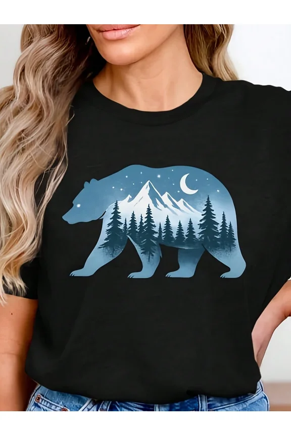 Women's Nature Bear Graphic T-Shirt Mountain Forest Night Sky Moon Print Short Sleeve Casual Black Top