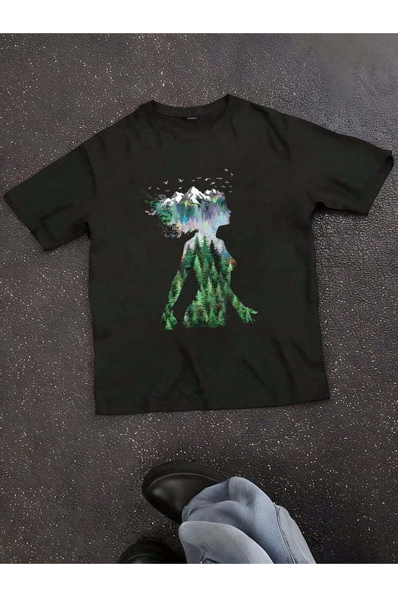 Women's Nature Silhouette Graphic T-Shirt, Forest Mountain Double Exposure Art Print, Casual Black Short Sleeve Crewneck Tee