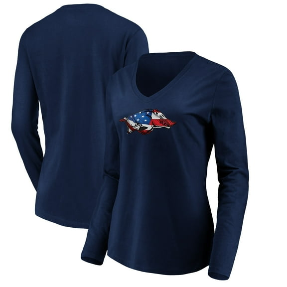 Women's Navy Arkansas Razorbacks Banner Wave Long Sleeve V-Neck T-Shirt