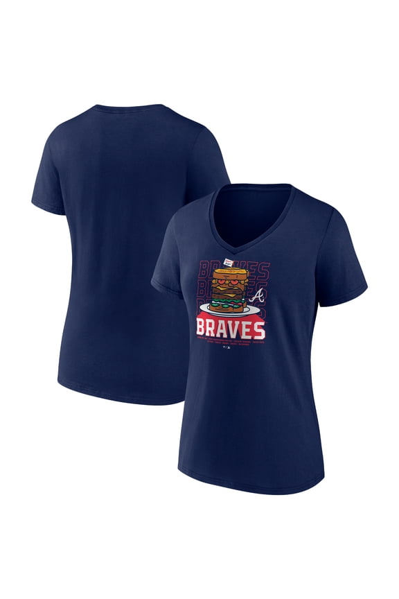 Women's Navy Atlanta Braves Blooper Burger V-Neck T-Shirt