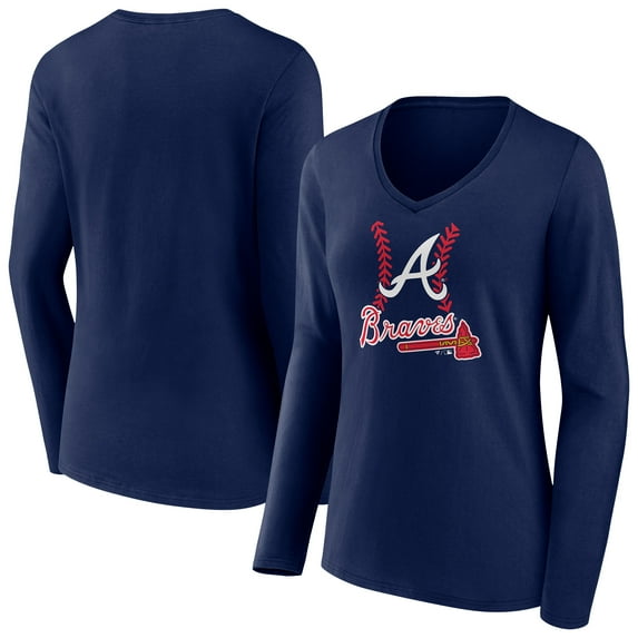 Women's Navy Atlanta Braves Fastball Long Sleeve V-Neck T-Shirt