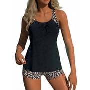 Womens Navy Blue Leopard Print Accent Tankini Swimsuit, Ruched Two-Piece with Boyshorts, Sizes S-XL