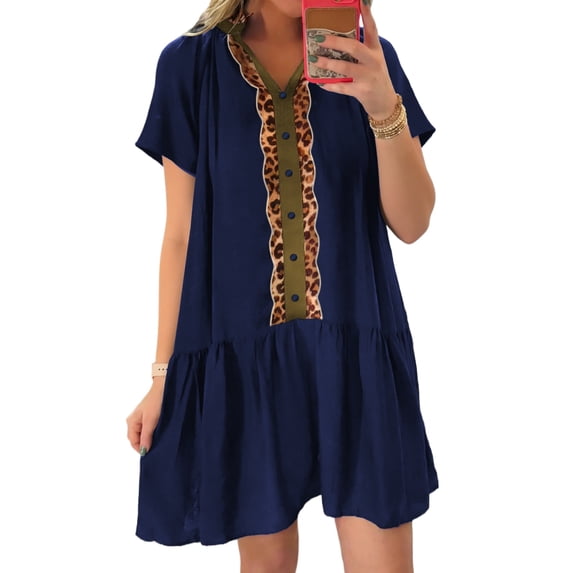 Women's Navy Blue Leopard Print Tunic Dress – Casual Short Sleeve with Metallic Trim for Summer, XL