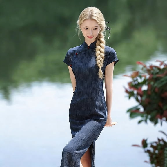 Women's Navy Blue Long Cheongsam Dress - Elegant New Chinese Style Short Sleeve Floral Vintage Qipao for Young Girls, Sizes S to XXL