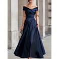 thumbnail image 1 of Women's Navy Blue Off Shoulder Satin Maxi Gown Twisted Front A Line Formal Dress, 1 of 2