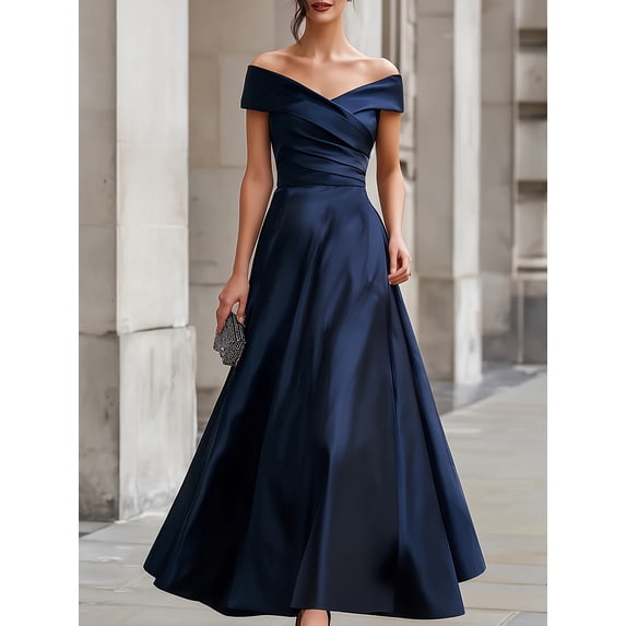 Women's Navy Blue Off Shoulder Satin Maxi Gown Twisted Front A Line Formal Dress