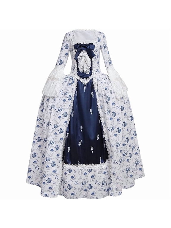 Women's Navy Blue Rococo Ball Gown Victorian Gothic Style Long Dress with Floral Detail