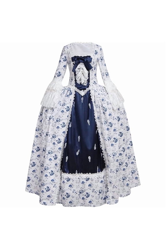 Women's Navy Blue Rococo Ball Gown Victorian Gothic Style Long Dress with Floral Detail