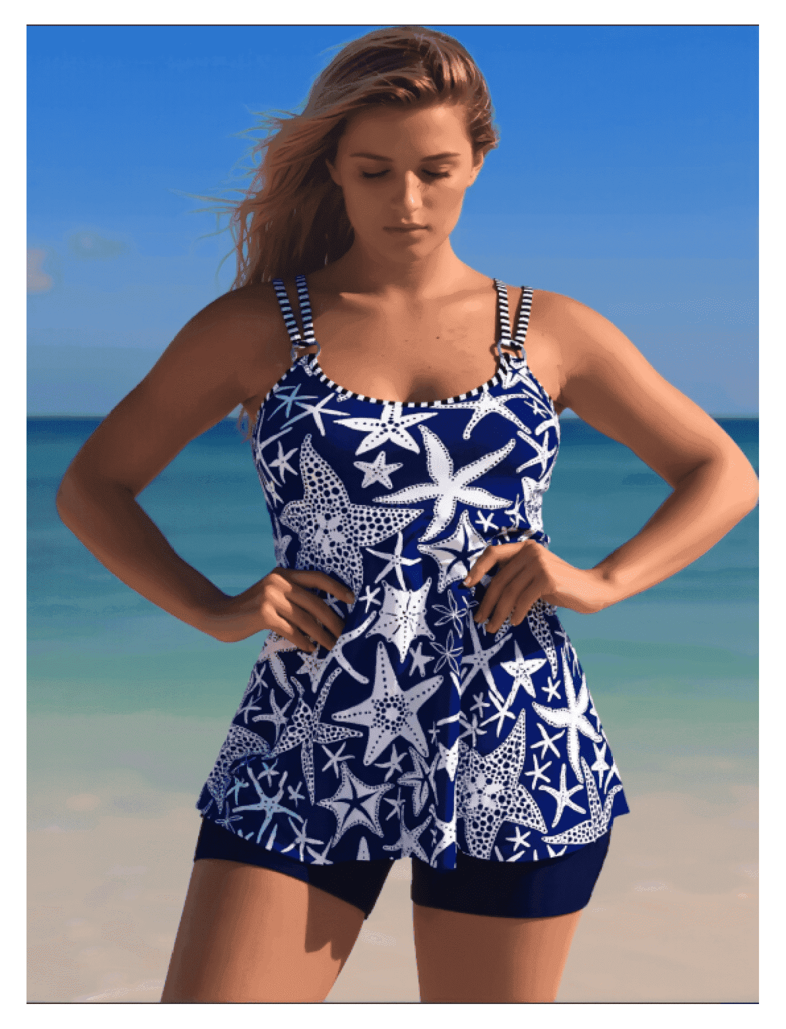 Women's Navy Blue Starfish Print Tankini Swimsuit, Striped Straps Two-Piece with Boyshorts, Sizes XL-XXXXL