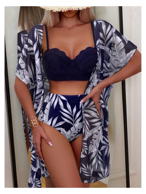 Navy Blue and White Palm Leaf Print Scalloped Underwire Bikini Top with High Waisted Bottoms, Women's 3 Piece Swim Set with Short Sleeve Cover Up Kimono