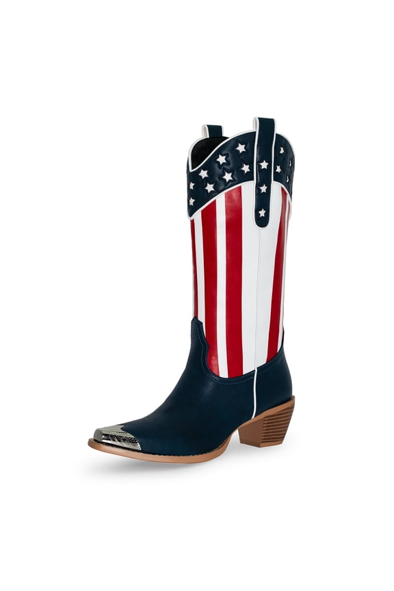 Women's Navy Blue red American Patriotic Flag Mid Calf Cowboy Boots Chunky Block Heel Pull On Wide calf Metal Pointed Toe Western Cowgirl Booties classic sexy party Boots 12