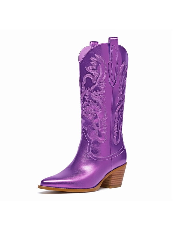 Glitter Purple Wide Calf Metallic Embroidered Cowboy Boots For Women Sparkly Mid Calf Chunky Heel Pull on Pointy Toe Western Cowgirl Boots Fashion Short Booteis For Girl