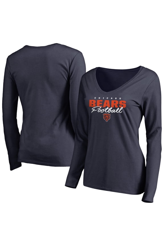 Women's Navy Chicago Bears Iconic Collection Script Assist Long Sleeve V-Neck T-Shirt