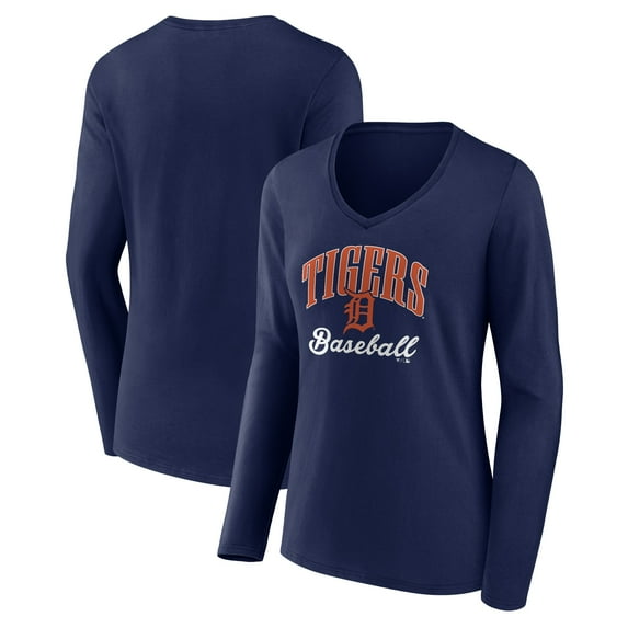 Women's Navy Detroit Tigers Victory Script Long Sleeve V-Neck T-Shirt