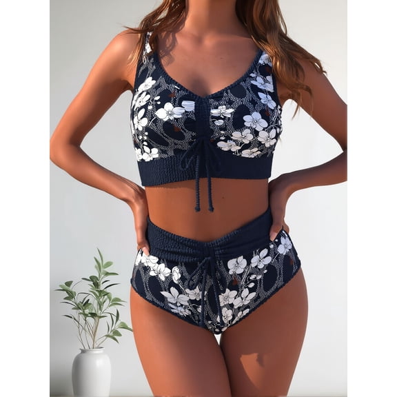 Women's Navy Floral High Waisted Two Piece Swimsuit, Tummy Control Ruched Tankini Bathing Suit with Drawstring