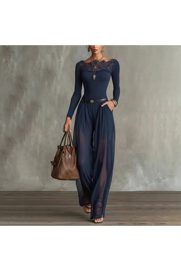 Women's Navy Lace Off Shoulder 2 Piece Outfits Long Sleeve Top High Waist Sheer Wide Leg Pants Elegant Set