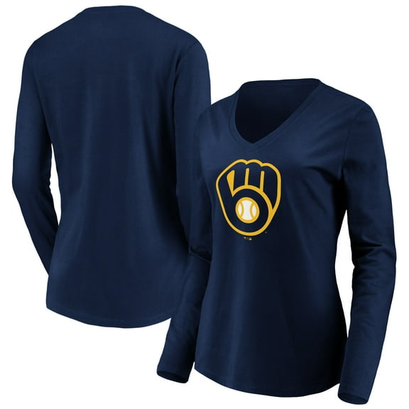 Women's Navy Milwaukee Brewers Core Official Logo Long Sleeve V-Neck T-Shirt