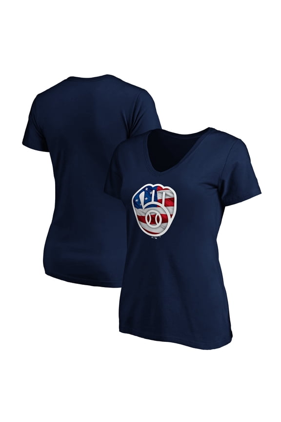 Women's Navy Milwaukee Brewers Logo Banner Wave V-Neck T-Shirt